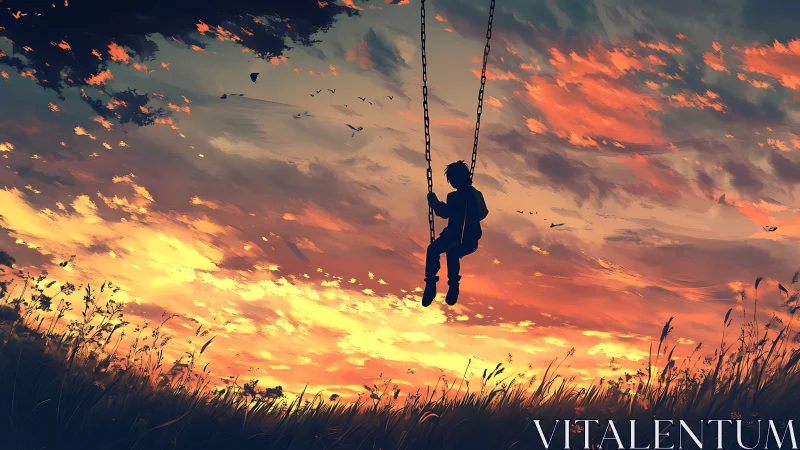 Silhouette on suspended swing against layered sunset sky.