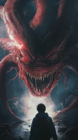 Boy faces massive red monster in dark ruined alleyway.