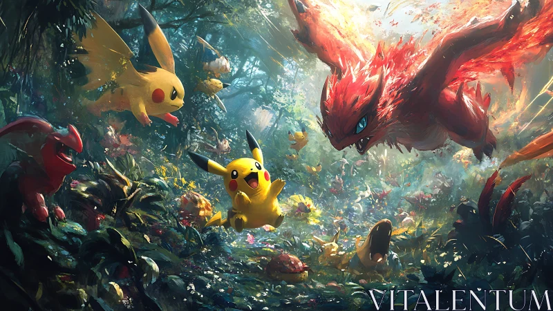 Pikachu and red dragon engage in dynamic forest battle scene