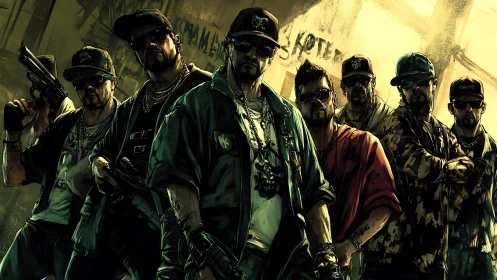 Group of armed men stands in stylized urban environment