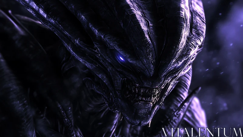 Alien warlord portrait with bioluminescent violet highlights.