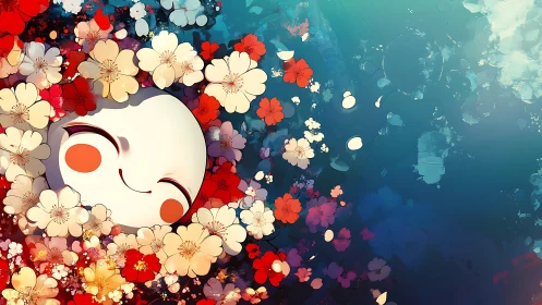 Smiling round face nestles amid vivid floating blossoms