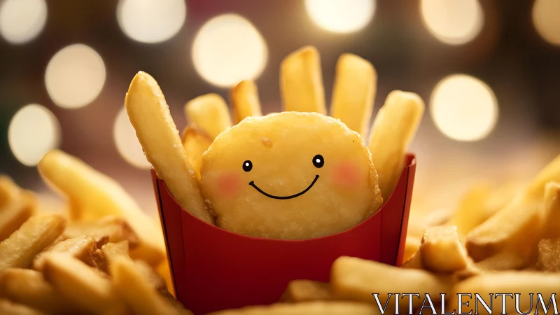 Smiling potato friend in a golden forest of fries.