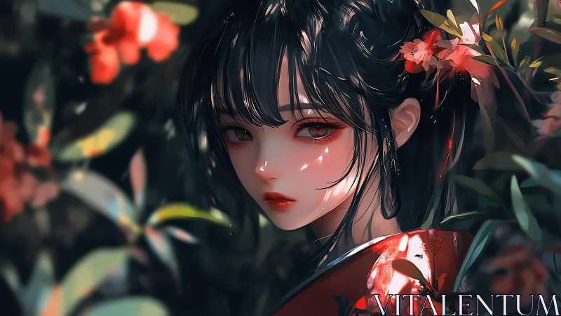Scarlet-eyed muse melts into a sun-dappled garden hush