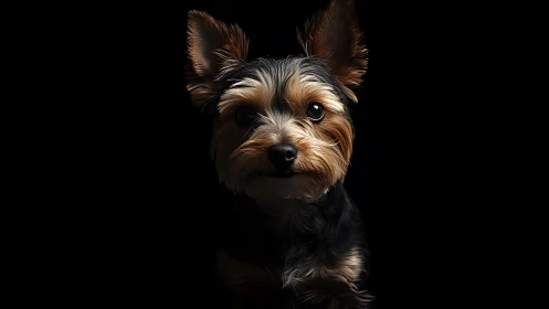 Small terrier type dog in low key frontal portrait lighting.