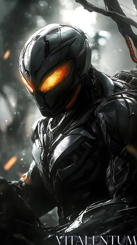 Biomechanical exosuit android with emissive optics in wet forest