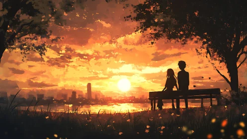 Silhouetted couple watch glowing city sunset across water