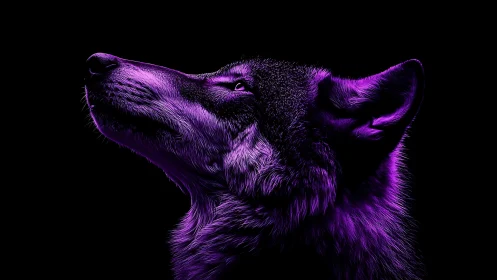 Luminous purple wolf profile gazes upward in deep shadow.