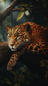 Leopard rests on jungle branch in golden rainforest light.