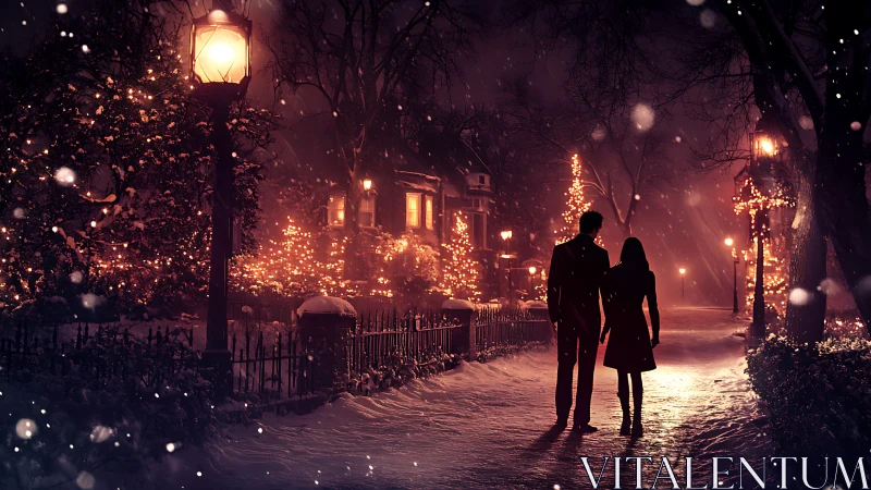 Romantic couple walking on snowy, lamplit winter street at night