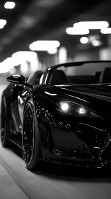 Low-angle view shows black sports car in dim tunnel lighting