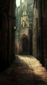 Gothic stone alley with arched cathedral portal in dusk light