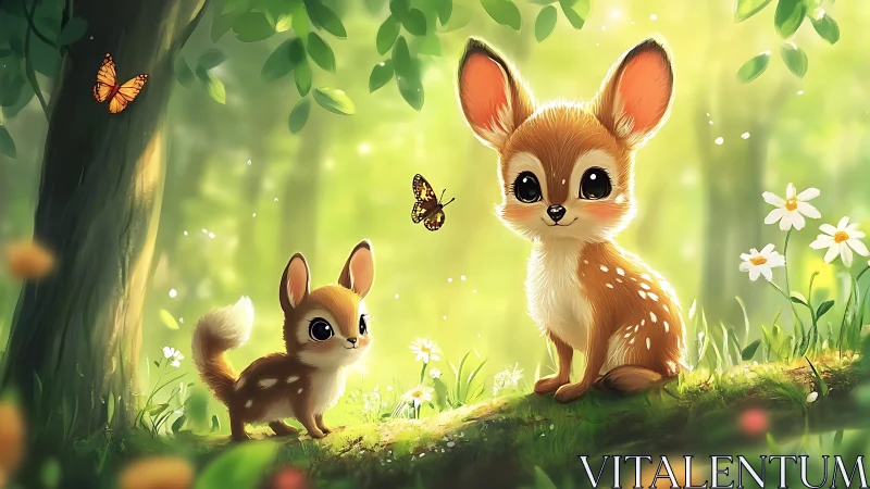 Cute baby deer and chipmunk in sunny fantasy forest scene.