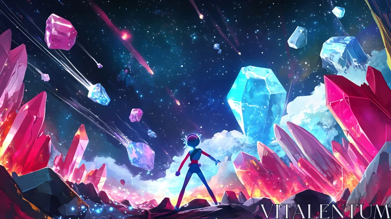 Brave space explorer welcomes a sky of glowing cosmic crystals