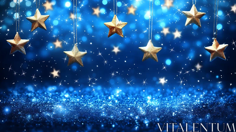 Golden star ornaments sparkling over dreamy blue lights.