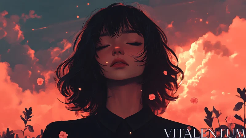 Digital portrait of woman before vivid red-orange sky.