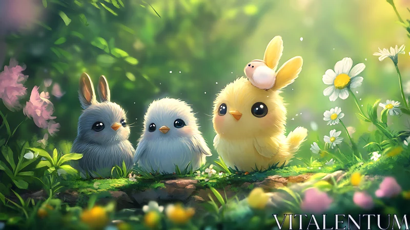 Small animal characters sitting in bright forest clearing.