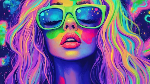Neon dream girl lost in color soaked cosmic sunglasses.