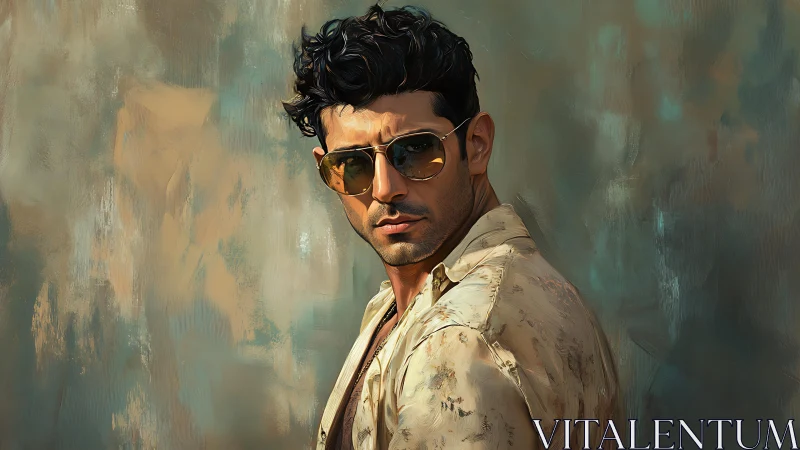 Stylish man in sunglasses against textured painted wall.