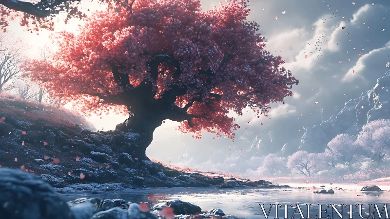 Pink blossom tree by reflective river in misty valley.