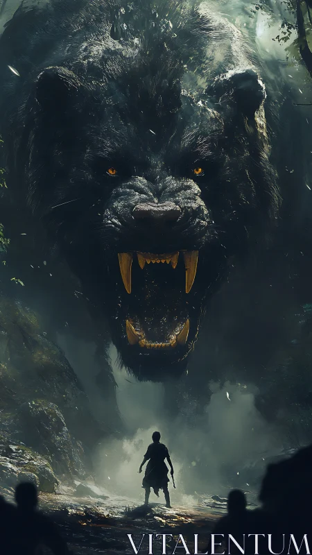 Giant black bear confronts lone warrior in misty forest
