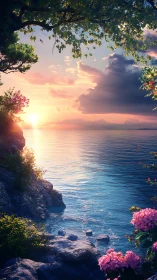 Coastal inlet with rocky shore and sunset illumination.