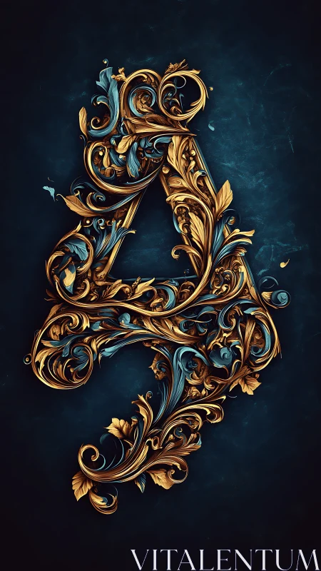 Ornate baroque number four in gold and teal filigree.
