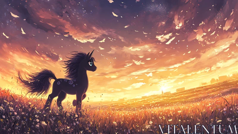 Twilight pony gazes over glowing flower fields at sunset