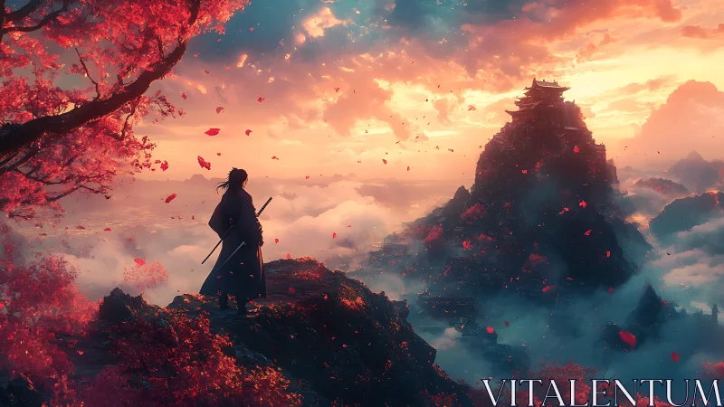 Lone samurai gazes toward a flame-kissed mountain citadel.