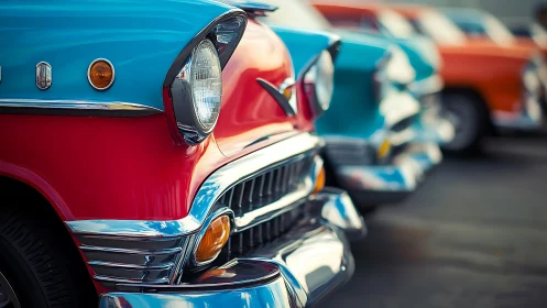Chromed classic car lineup in vivid retro colors.