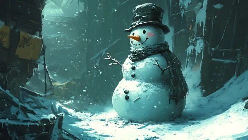 Hopeful snowman smiling bright in a forgotten winter alley.
