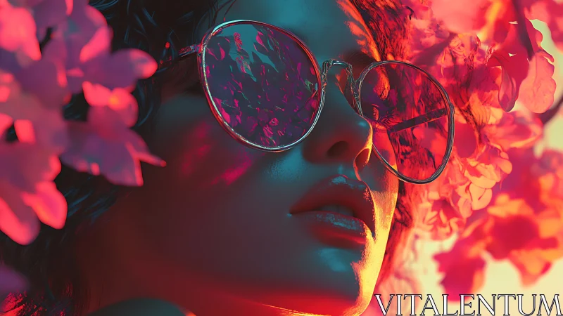 Neon-lit portrait captures dreamy reflection in floral shades