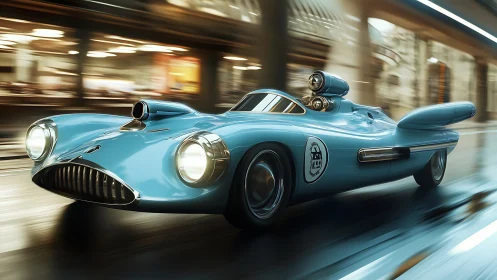 Streamlined retrofuturist racer in dynamic motion rendering.