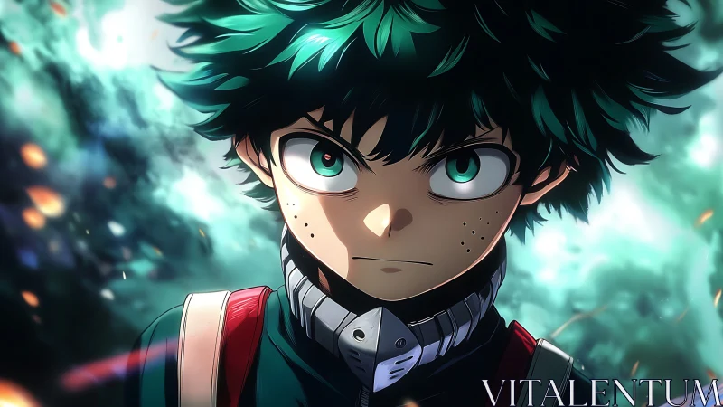 Green-haired anime boy portrait with intense forward gaze.