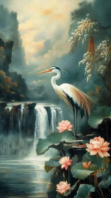Graceful heron among lotus blooms by misty waterfall.