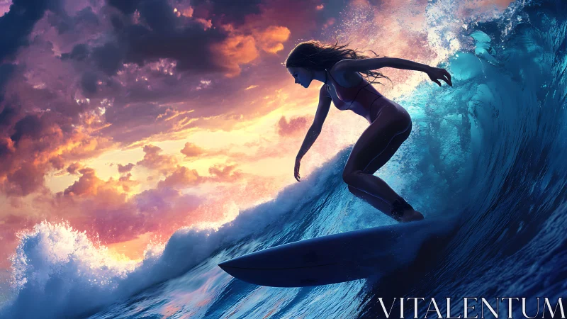 Female surfer rides glowing wave under dramatic sunset.