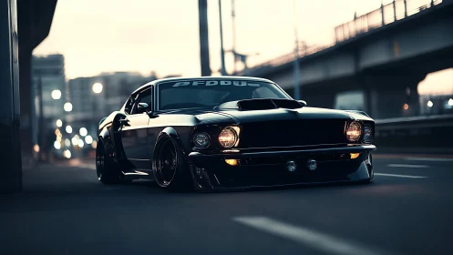 Midnight muscle car cruising through calm city streets.