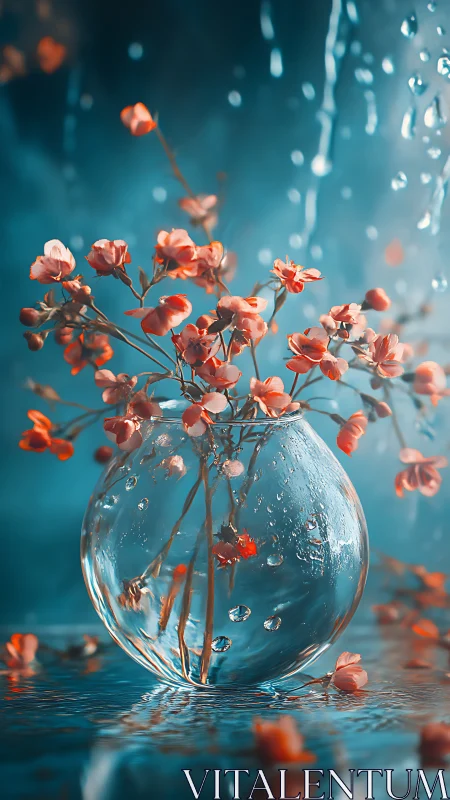 Coral Flowers in Glass Vase Against Turquoise.