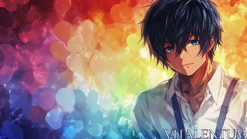 Young anime man against soft rainbow abstract bokeh.
