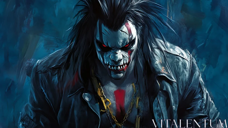 Blood-lit demon biker storms from electric midnight blue.