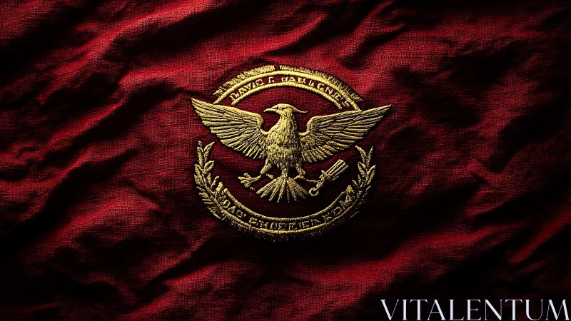 Gold eagle emblem on textured deep red fabric flag.