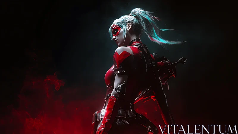Cyber assassin portrait in red-black armor with teal hair.
