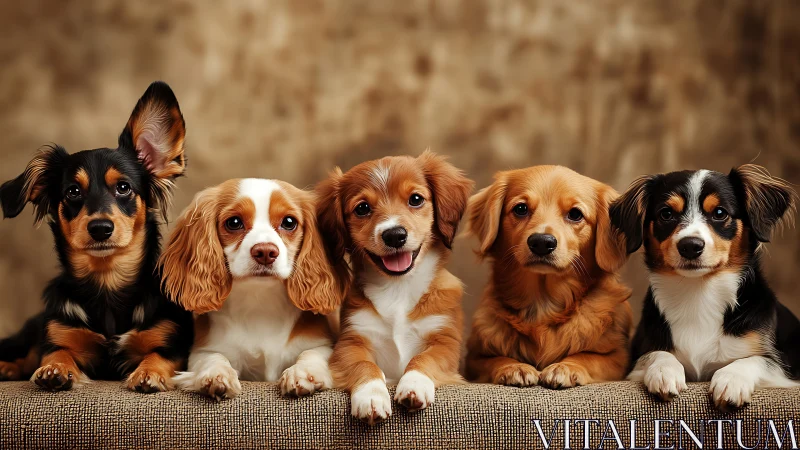 Photorealistic canine group portrait in studio tableau.