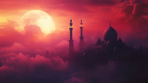 Moonlit palace domes rise through crimson dream clouds