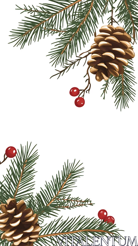Digital pine bough border with cones and red berry accents.