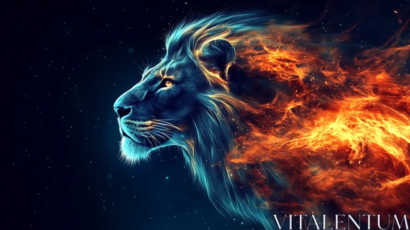 Neon lion profile transitions into volumetric flaming particle mane