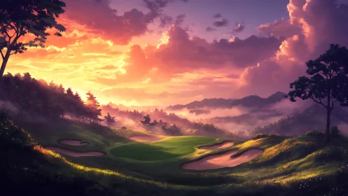 Sunlit valley golf green under dramatic painterly sky.