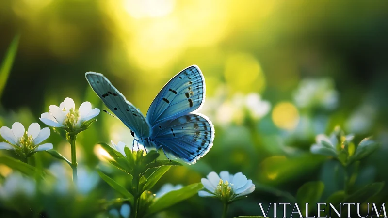 Sky-tinted butterfly resting in a sunlit meadow hush.