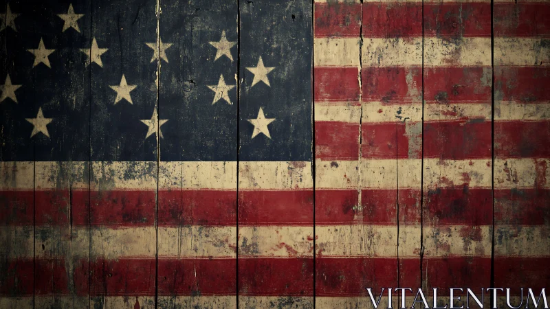 Weathered American flag painting glows with rustic character