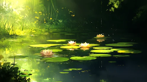 Water lily pond under filtered forest light at midday.